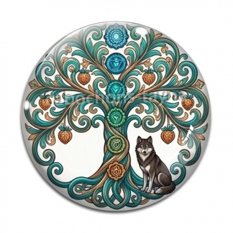 Cabochon Verre - arbre de vie et loup