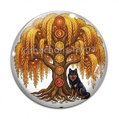 Cabochon Verre - arbre de vie et loup