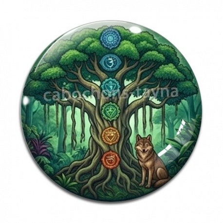 Cabochon Verre - arbre de vie et loup