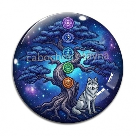 Cabochon Verre - arbre de vie et loup