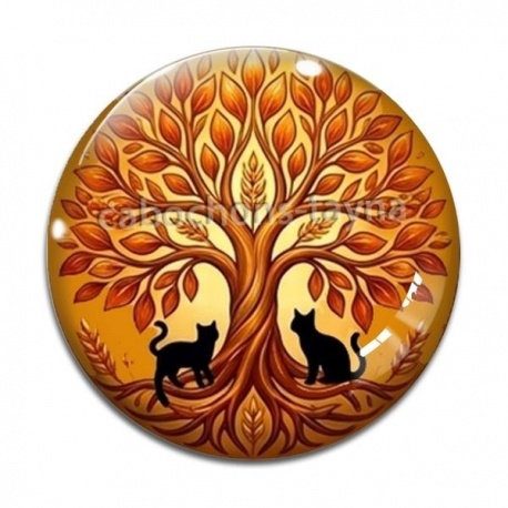 Cabochon Verre - arbre de vie et chat
