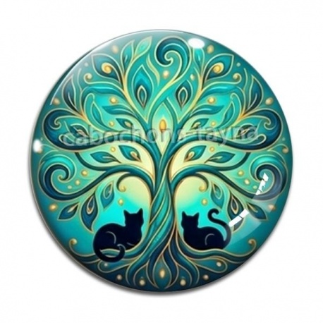 Cabochon Verre - arbre de vie et chat