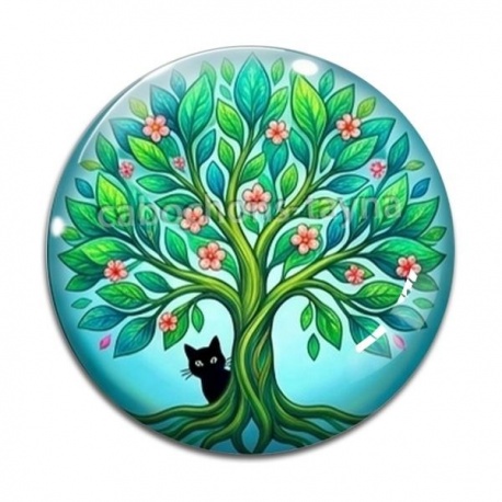 Cabochon Verre - arbre de vie et chat