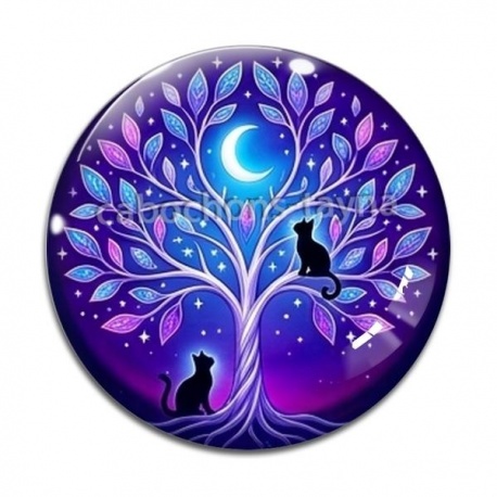 Cabochon Verre - arbre de vie et chat
