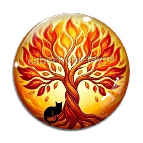 Cabochon Verre - arbre de vie et chat