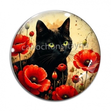 Cabochon Verre - chat fleur coquelicot