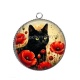 Pendentif Cabochon Argent - chat fleur coquelicot