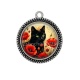 Pendentif Cabochon Argent - chat fleur coquelicot