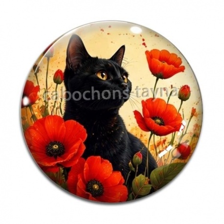 Cabochon Verre - chat fleur coquelicot