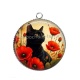Pendentif Cabochon Argent - chat fleur coquelicot