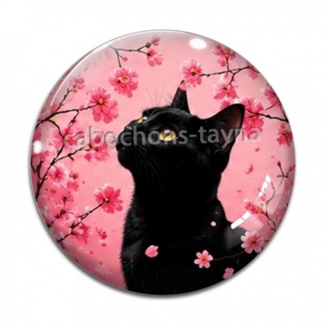 Cabochon Verre - chat noir fleur cerisier