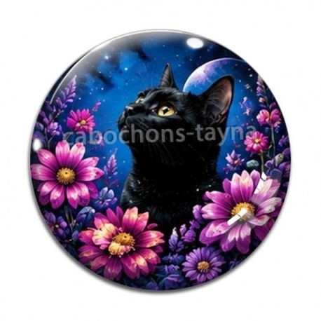 Cabochon Verre - chat noir fleur