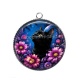 Pendentif Cabochon Argent - chat noir fleur