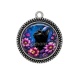 Pendentif Cabochon Argent - chat noir fleur