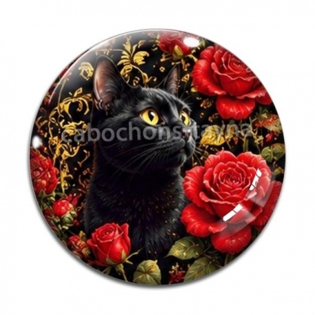 Cabochon Verre - chat noir fleur