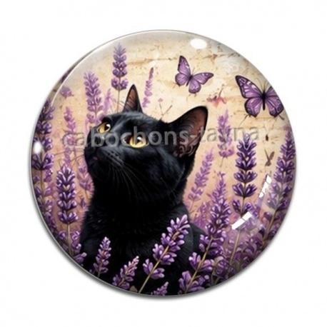 Cabochon Verre - chat noir fleur lavande