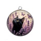 Pendentif Cabochon Argent - chat noir fleur lavande