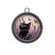 Pendentif Cabochon Argent - chat noir fleur lavande