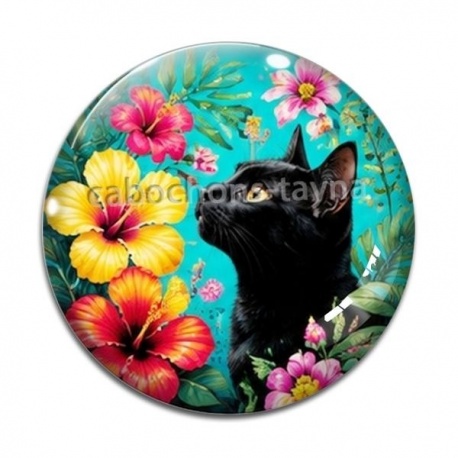 Cabochon Verre - chat noir fleur exotique