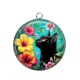 Pendentif Cabochon Argent - chat noir fleur exotique