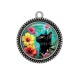 Pendentif Cabochon Argent - chat noir fleur exotique