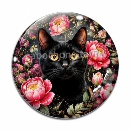 Cabochon Verre - chat noir fleur