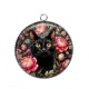 Pendentif Cabochon Argent - chat noir fleur
