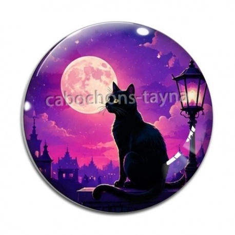 Cabochon Verre - chat noir lune
