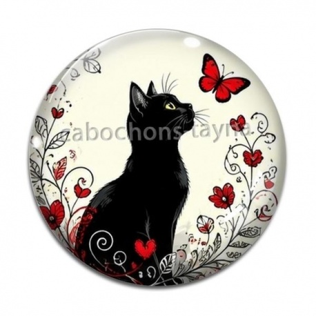 Cabochon Verre - chat noir fleur