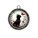 Pendentif Cabochon Argent - chat noir fleur