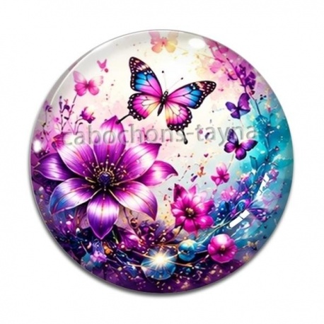 Cabochon Verre - fleur et papillon